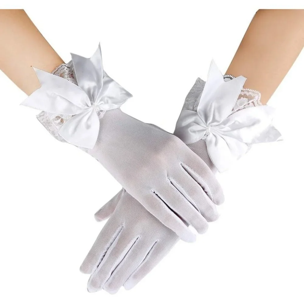 Women's A-White Bow Lace Elegant Wrist Gloves Ruffle Bridal Wedding Party Prom